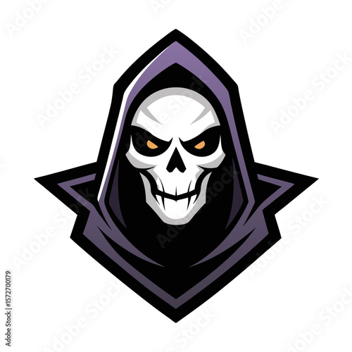 Fierce grim reaper skull character with glowing eyes and purple hood