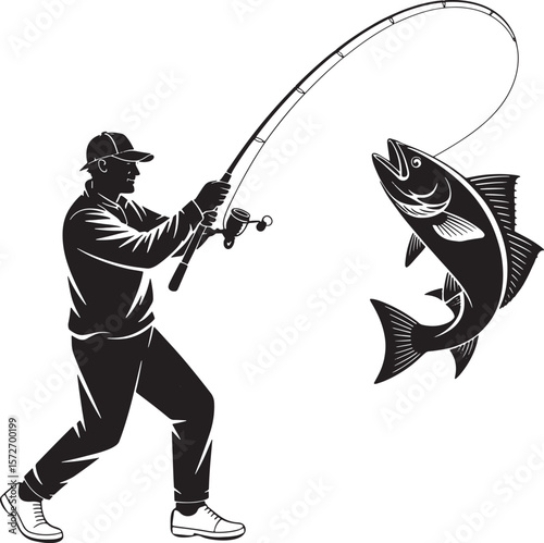 Active Angler Fishing Silhouette: Man Casting Rod for Big Fish Catch