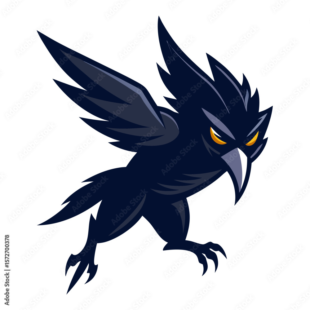 Aggressive black raven with sharp claws and glowing yellow eyes swooping down Aggressive black raven with sharp claws and glowing yellow eyes swooping down