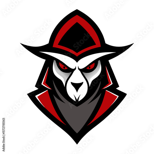Fierce owl mascot with red eyes and black hooded cloak
