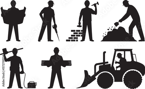 Construction & Demolition Crew Silhouettes: Laborers, Builders, and Site Work Vector