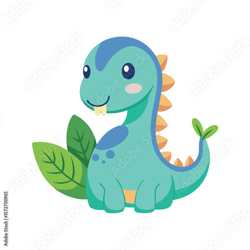 cute brontosaurus eating leaves with shy expression