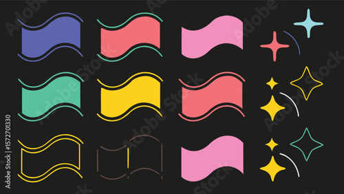 Colorful wavy banners and star shapes arranged on a dark background in a symmetrical pattern design