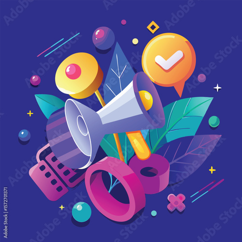Abstract composition with megaphone and geometric shapes silhouette