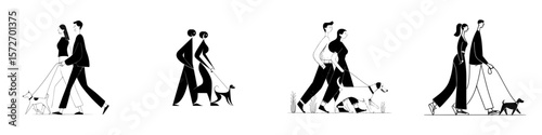 Silhouette pictograms of couples walking dogs in various poses and styles during leisure activities in a park setting