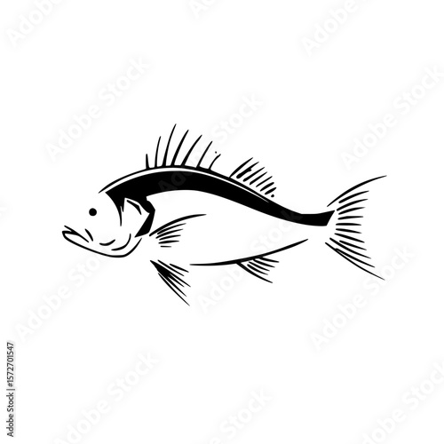 Unique silhouette pictogram of a fish, showcasing details of fins and body shape in an isolated vector design
