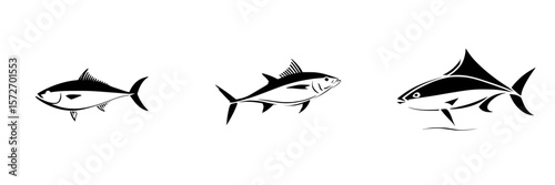 Silhouette pictogram set featuring various fish species in isolated vector icons for design and illustration use
