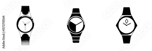 Silhouette pictogram set displaying various watch designs with minimalist features and different dial styles