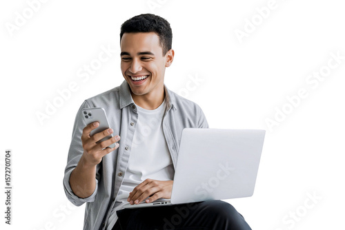 Smilling handsome young man with laptop isolated on white background