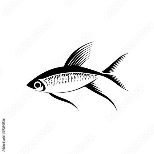 Silhouette pictogram of a fish illustrating aquatic life in a stylized, artistic manner for design purposes