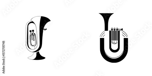 Silhouette pictogram set featuring classic brass instruments in various designs and perspectives suitable for music-related applications