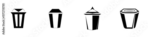 Silhouette pictogram icons representing various types of containers suitable for waste disposal in a minimalist design