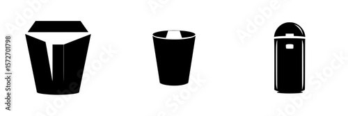 Silhouette pictograms of various waste bins and containers for recycling and waste management