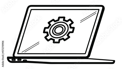 Black and white illustration of a laptop with a gear icon on the screen