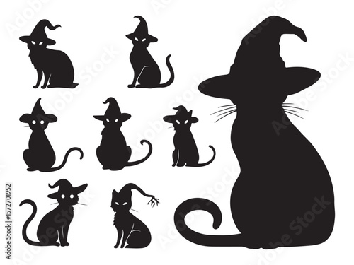 Cute Black Cats Wearing Halloween Witch Hats Silhouettes