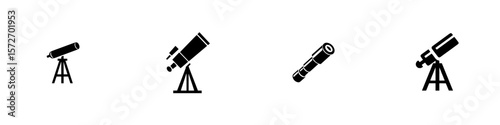 Silhouette pictogram set featuring various telescope designs for astronomy enthusiasts and educators showcasing different angles