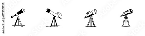 Silhouette pictogram icons depicting various telescope designs on stands for astronomical observation