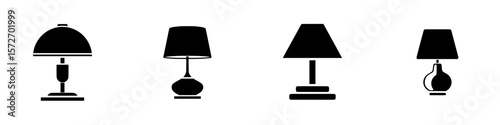 Silhouette pictogram set of various table lamps designed for modern home and office decor available in multiple styles and shapes