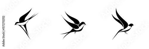 Silhouette pictograms of birds in flight representing various species in a minimalist style