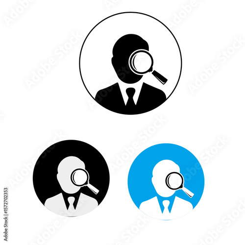icon of a person with a magnifying glass using round buttons, black and white colors with color buttons