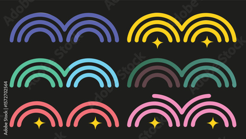 Colorful arched lines arranged in rows with stars on a dark background creating a playful design