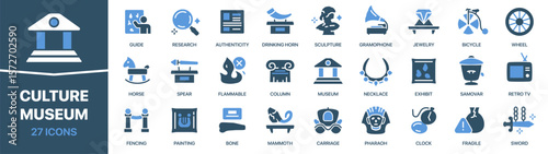 Culture and museum colored signed icon collection. Set of fill Culture and museum icons. UI icon set. Colored icons pack. Vector illustration