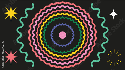 Colorful concentric ripple circles with stars and wavy lines on a dark background design