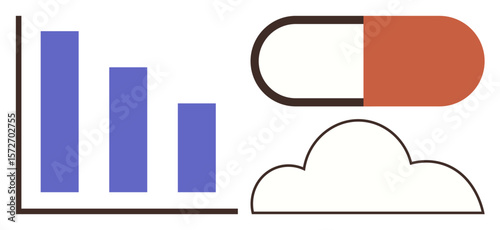 Bar graph with falling trend, red capsule pill, and cloud outline connected to health trends, data analysis, and medical innovation. Ideal for healthcare, technology, research, analytics
