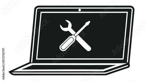 Laptop computer with crossed wrench and screwdriver on screen representing repair and service