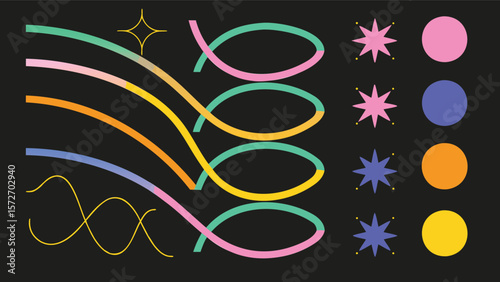 Abstract design featuring curved lines, stars, and circles on a dark background for modern aesthetics
