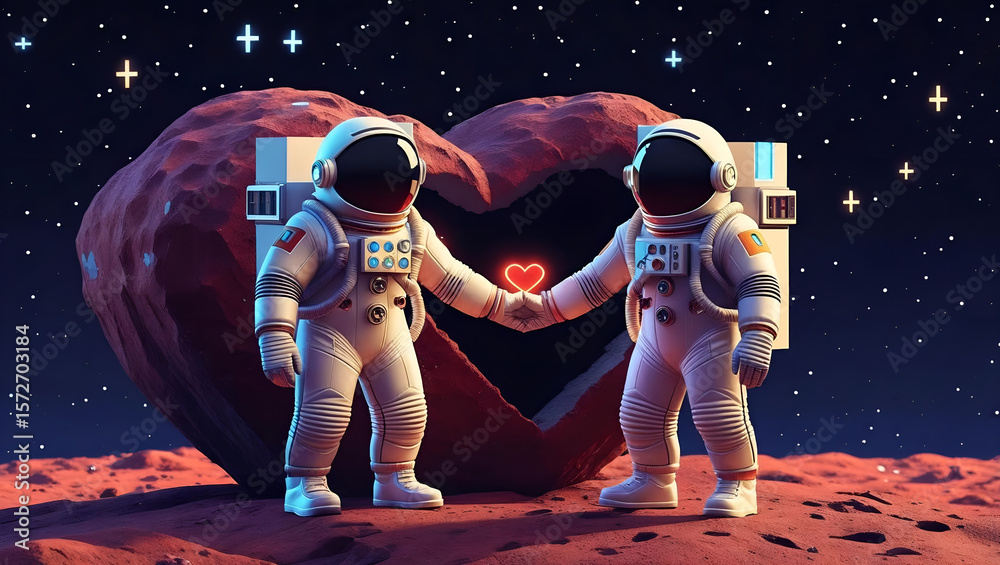 Obraz premium Two astronauts holding a glowing heart near a heart shaped rock on Mars