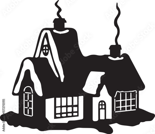 Print Snowy Winter House Silhouette