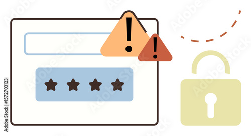 Locked login form with warning icons and padlock. Ideal for cybersecurity, data encryption, account protection, password security, online vulnerability, security breach, safe browsing. Simple flat