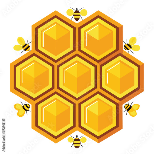A honeycomb section with a few bees, isolated on a clean white background, for nature, honey, sweet, or organic food.