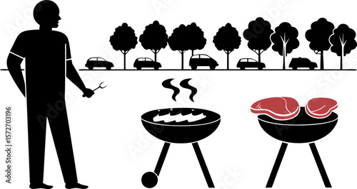 a man grilling meat standing on the side of the ro.eps