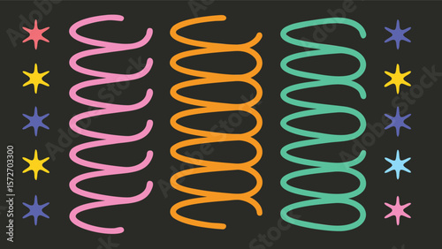 Illustration of three colorful springs with stars on a dark gray background design element art
