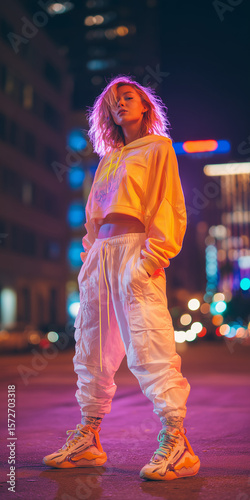 Woman posing boldly in neon streetwear under city lights