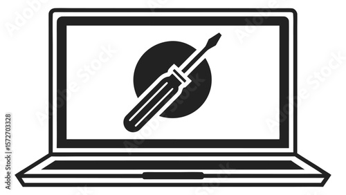 Laptop computer screen displays a black screwdriver icon inside a circle