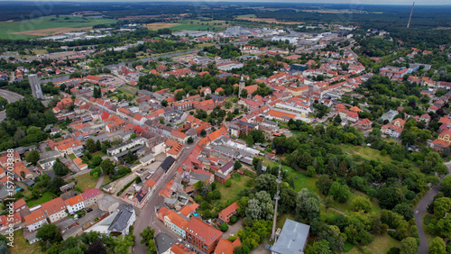 Aerial view of the old town of the city Genthin on a sunny noon on a summer in Germany.
