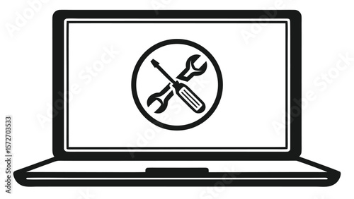 Laptop computer screen displaying a circular icon with a crossed wrench and screwdriver