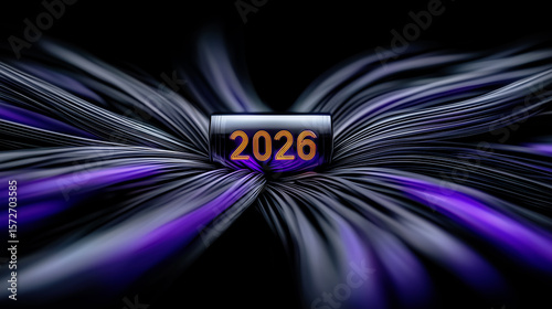 A high-tech New Year 2026 background with glowing numbers and flowing purple fiber optic lines.