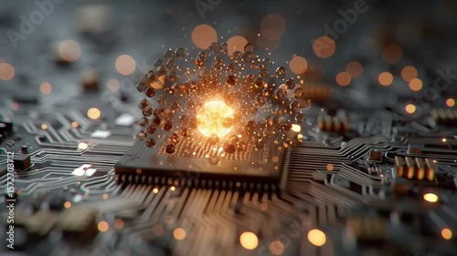 A glowing energy burst with particles emanates from a computer chip on a circuit board. AI neural processing with quantum computing.