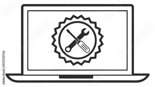 Laptop computer screen displaying a wrench and screwdriver icon for repair and service