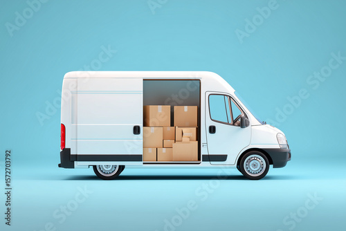 White delivery van with open door showing stacked cardboard boxes on blue background for logistics and transportation.