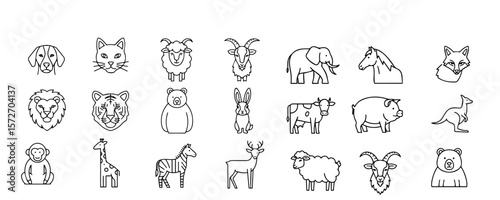 Animal Line Icons Set – Minimalist Wild, Farm, and Pet Animal Outline Vector Illustrations