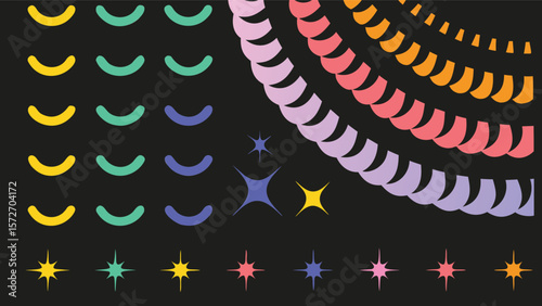 Colorful crescent shapes and stars arranged on a dark background creating a playful design element