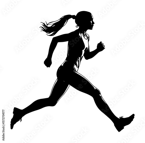 Black vector silhouette of a sportswoman running and jumping, perfect for illustrating fitness and exercise.