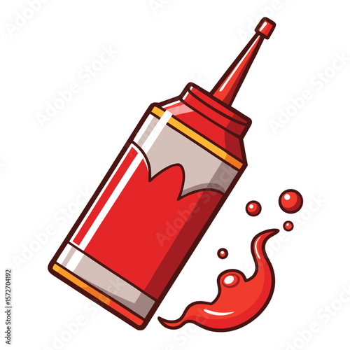 A ketchup bottle squirting, isolated on a white background, for food, condiment, cooking, or delicious flavor.