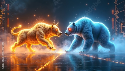 Bitcoin Bull vs. Crypto Bear – Epic Clash in Futuristic Digital Arena (Symbolic Battle of Market Forces)