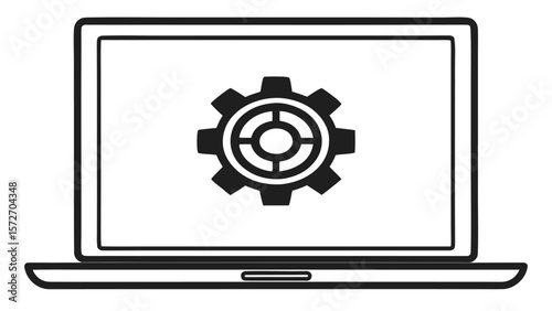 Laptop screen displays a gear icon representing settings or configuration